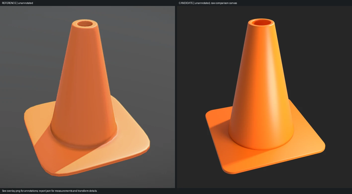 Reference traffic cone on the left and the agent-built Blender model on the right, rendered from comparable viewpoints.