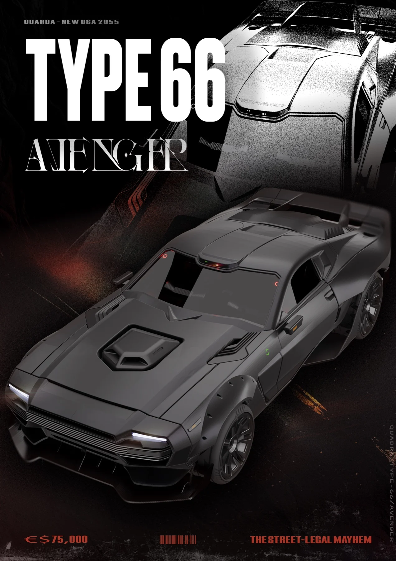 Type 66 magazine cover combining two car renders with large condensed typography, grain and red graphic details.