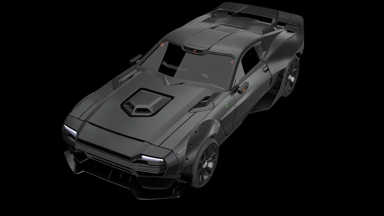 Three-quarter studio render of the rebuilt Type 66 car, showing custom dark body materials, lights and wheels.