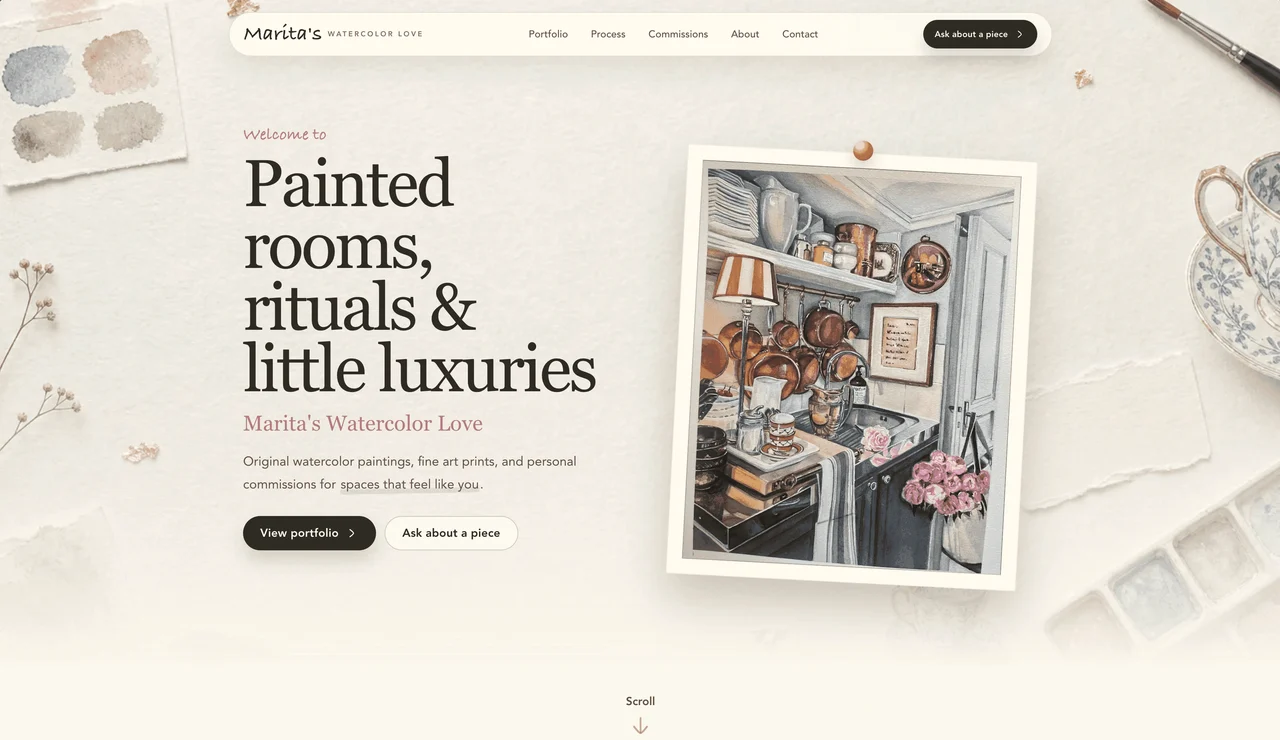 Watercolor Love homepage with paper textures, a pinned painting and large editorial typography.